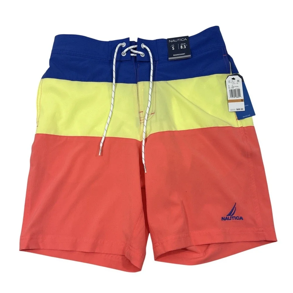 Nautica Men S Swim BoardShort Blue Yellow Orange 8.5 Inseam New Tags Quick Dry
